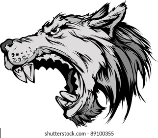 Cartoon Vector Mascot Image of a Growling Grey Wolf Head