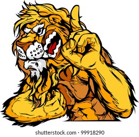 Cartoon Vector Mascot Image of a Lion Flexing Arms and Holding up Champion Finger