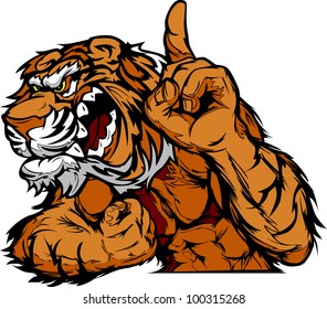 Cartoon Vector Mascot Image of a Tiger Flexing Arms and Holding up Champion Finger