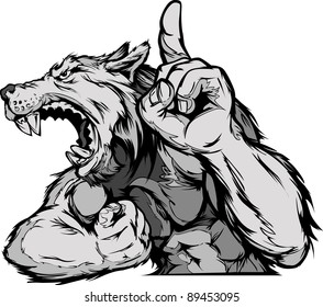 Cartoon Vector Mascot Image of a Wolf or Coyote Flexing Arms and Holding up Champion Finger