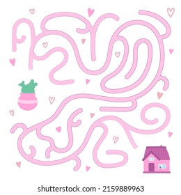 Cartoon vector maze for the development of children with a house and a house plant cactus. Design template for kids education, entertainment, print