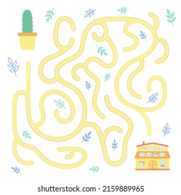 Cartoon vector maze for the development of children with a house and a house plant cactus. Design template for kids education, entertainment, print
