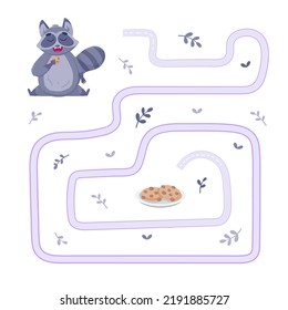 Cartoon vector maze for kids development with dinner raccoon and cookies. Find the right way. Design template for kids education, entertainment, print