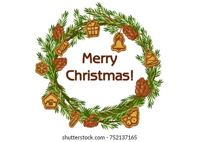 Cartoon vector Merry Christmas wreath, spruce with bigwigs and cookie