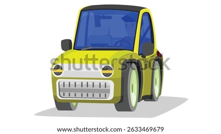 Cartoon vector of mini car yellow color. Can view inside car with driving man. With shadow on isolated white background.