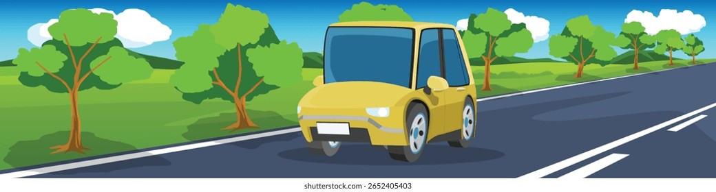 Cartoon vector of mini family car yellow color. Traveling on the road. Perspective view of nature landscape with trees beside road and green meadow. Mountain under blue sky and white clouds.