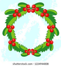 Cartoon vector mistletoe wreath image. Traditional Christmas decoration made of green leaves and red berries.