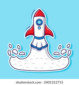 Cartoon vector modern space rocket flying from earth to the moon with flat design. science transportation technology element set