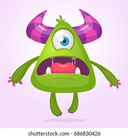 Cartoon vector monster. Monster alien illustration with surprised expression. Shocking green alien design for Halloween