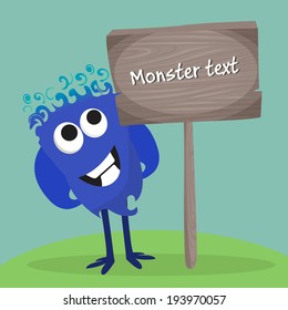 Cartoon vector monster with sign for web template. Blue cartoon monster for animation. Funny vector alien with text box for flyer. Cute mascot for creative comic. Cartoon monster for design brochure
