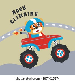 Cartoon vector of monster truck with little animal driver. Can be used for t-shirt print, kids wear fashion design, invitation card. fabric, textile, nursery wallpaper, poster and other decoration.