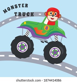 Cartoon vector of monster truck with little animal driver. Can be used for t-shirt print, kids wear fashion design, invitation card. fabric, textile, nursery wallpaper, poster and other decoration.