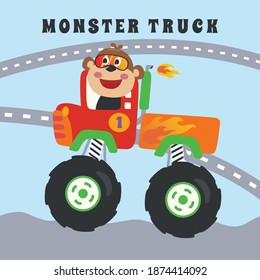 Cartoon vector of monster truck with little animal driver. Can be used for t-shirt print, kids wear fashion design, invitation card. fabric, textile, nursery wallpaper, poster and other decoration.