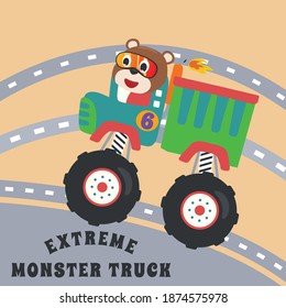 Cartoon vector of monster truck with little animal driver. Can be used for t-shirt print, kids wear fashion design, invitation card. fabric, textile, nursery wallpaper, poster and other decoration.