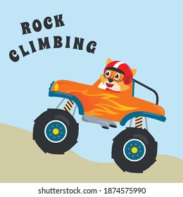 Cartoon vector of monster truck with little animal driver. Can be used for t-shirt print, kids wear fashion design, invitation card. fabric, textile, nursery wallpaper, poster and other decoration.