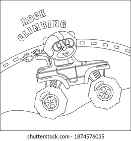 cartoon vector of monster truck with little driver, Cartoon isolated vector illustration, Creative vector Childish design for kids activity colouring book or page.