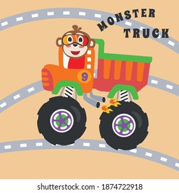 Cartoon vector of monster truck with little animal driver. Can be used for t-shirt print, kids wear fashion design, invitation card. fabric, textile, nursery wallpaper, poster and other decoration.