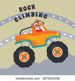 Cartoon vector of monster truck with little animal driver. Can be used for t-shirt print, kids wear fashion design, invitation card. fabric, textile, nursery wallpaper, poster and other decoration.