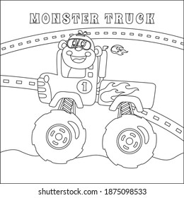 cartoon vector of monster truck with little driver, Cartoon isolated vector illustration, Creative vector Childish design for kids activity colouring book or page.