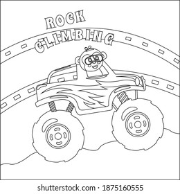 cartoon vector of monster truck with little driver, Cartoon isolated vector illustration, Creative vector Childish design for kids activity colouring book or page.