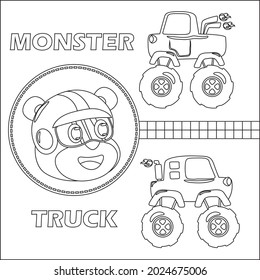 cartoon vector of monster truck with little driver, hand drawn vector illustration. Cartoon isolated vector illustration, Creative vector Childish design for kids activity colouring book or page