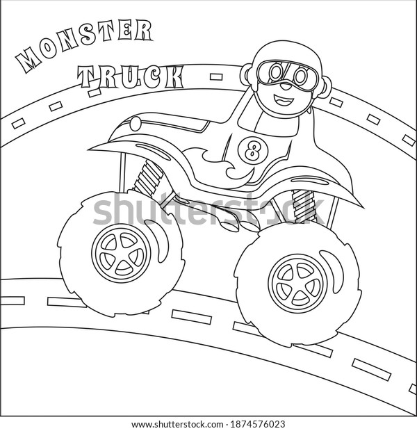 cartoon vector of monster truck\
with little driver, Cartoon isolated vector illustration, Creative\
vector Childish design for kids activity colouring book or\
page.