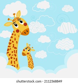 Cartoon vector of mother and baby giraffes above clouds