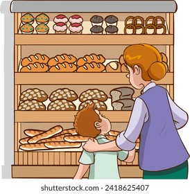 cartoon vector of mother and son buying bread at the bakery cartoon vector