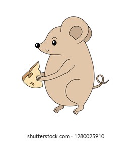 Cartoon vector mouse with the cheese. Handdrawn rodent. Rat. Symbol of 2020 year