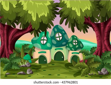 Cartoon vector mushroom house with separated layers for game and animation, game design asset