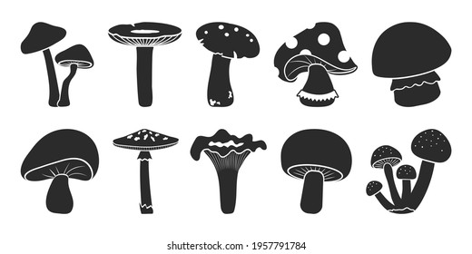 Cartoon vector mushrooms clipart, doodle icon set. Black silhouettes isolated on white background. Nature illustration