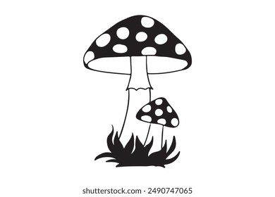 Cartoon vector mushrooms clipart,  icon set. Black silhouettes isolated on white background. Nature illustration