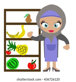 Cartoon vector muslim  character, shop/basar seller woman selling fruits