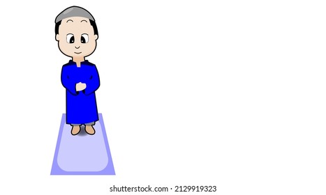 A cartoon vector of a Muslim kid in praying posture, copy space ready.