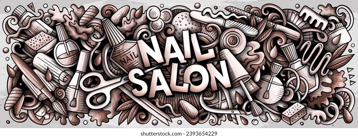 Cartoon vector Nail Salon doodle illustration features a variety of Manicure objects and symbols. Monochrome whimsical funny picture.