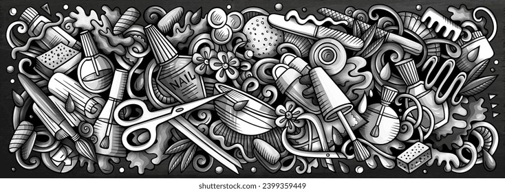 Cartoon vector Nail Salon doodle illustration features a variety of Manicure objects and symbols. Monochrome whimsical funny picture.