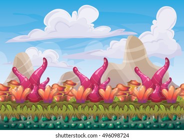 cartoon vector nature landscape background with separated layers for game art and animation design asset in 2d graphic