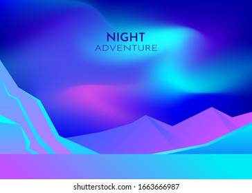 Cartoon vector nature winter arctic ice landscape with iceberg, snow mountains hills. Polar night with aurora borealis northen lights. Vector abstract background. Minimalist style. Flat concept. 