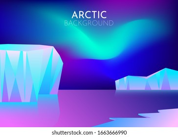 Cartoon vector nature winter arctic ice landscape with iceberg, snow mountains hills. Polar night with aurora borealis northen lights. Vector abstract background. Minimalist style. Flat concept. 