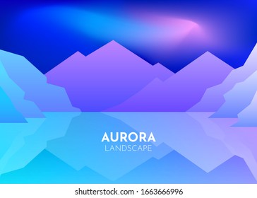Cartoon vector nature winter arctic ice landscape with iceberg, snow mountains hills. Polar night with aurora borealis northen lights. Vector abstract background. Minimalist style. Flat concept. 