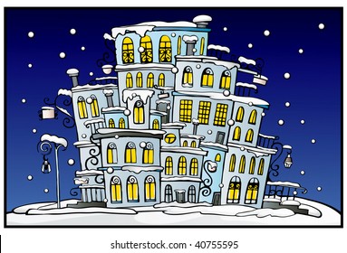 cartoon vector night city coated by snow