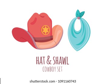 Cartoon vector object from cowboy set in pastel colors. Vector hat and shawl.