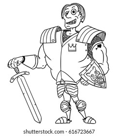 Cartoon vector old fantasy medieval royal Prince Charming knight hero with armor, sword, shield and smile