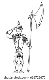 Cartoon vector old fantasy medieval knight royal guard soldier with armor and halberd axe