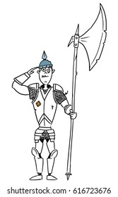 Cartoon vector old fantasy medieval knight royal guard soldier with armor and halberd axe