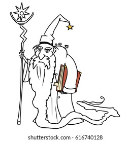 Cartoon vector old fantasy medieval wizard sorcerer or royal adviser with book, staff and full-beard