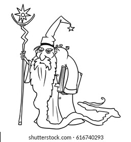 Cartoon vector old fantasy medieval wizard sorcerer or royal adviser with book, staff and full-beard