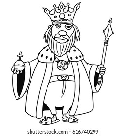 Cartoon vector old fantasy medieval king monarch sovereign with crown apple and scepter
