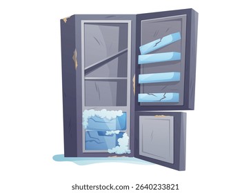 Cartoon Vector of Old Refrigerator with Rust Stains, Broken Shelves, Ice Buildup and Scratches. Damaged Kitchen Appliance isolated Illustration