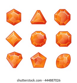 Cartoon vector orange gems and diamonds icons set in different shapes, isolated on the white background.